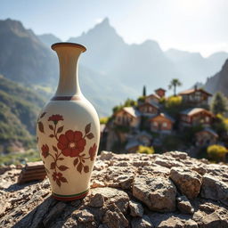 A beautifully designed ceramic vase perched on a rocky surface, with a stunning mountain in the background