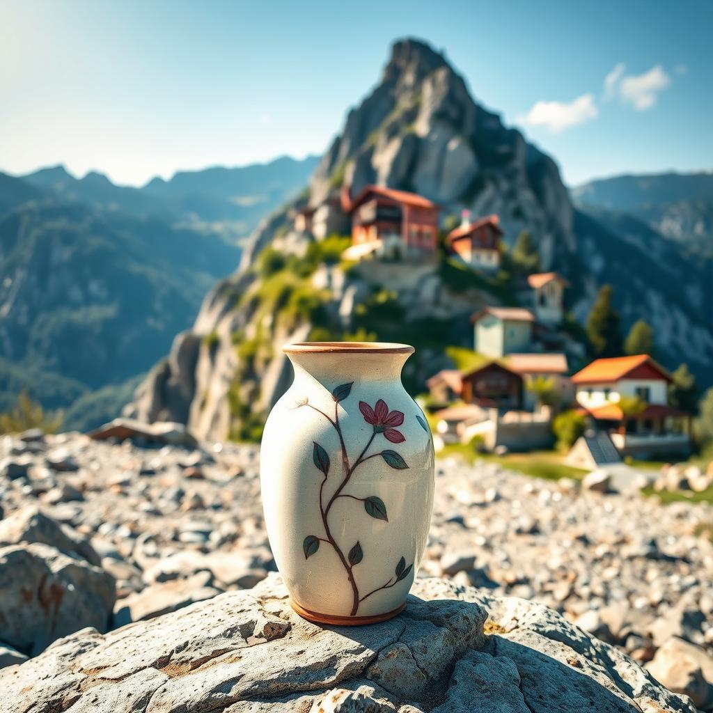 A beautifully designed ceramic vase perched on a rocky surface, with a stunning mountain in the background