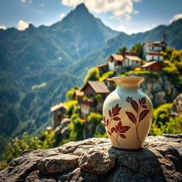 A beautifully designed ceramic vase perched on a rocky surface, with a stunning mountain in the background