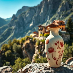 A beautifully designed ceramic vase perched on a rocky surface, with a stunning mountain in the background