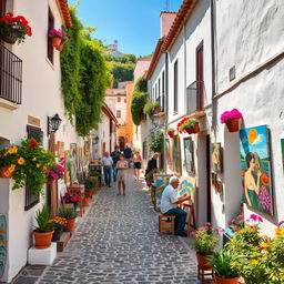 A picturesque art village in Spain, characterized by charming narrow streets lined with traditional whitewashed houses adorned with colorful flower pots, vibrant murals, and lively art studios