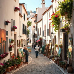 A picturesque art village in Spain, characterized by charming narrow streets lined with traditional whitewashed houses adorned with colorful flower pots, vibrant murals, and lively art studios