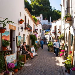 A picturesque art village in Spain, characterized by charming narrow streets lined with traditional whitewashed houses adorned with colorful flower pots, vibrant murals, and lively art studios