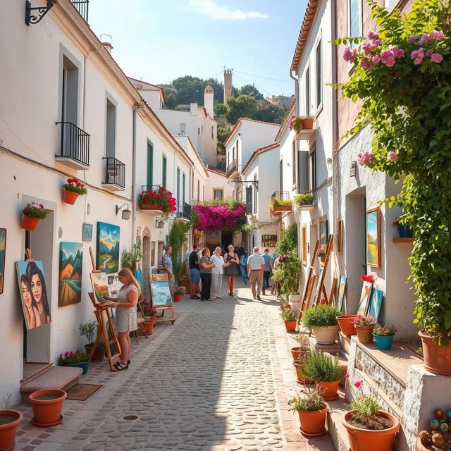 A picturesque art village in Spain, characterized by charming narrow streets lined with traditional whitewashed houses adorned with colorful flower pots, vibrant murals, and lively art studios