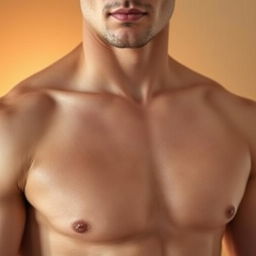A close-up of a smooth, hairless male chest and underarms, showcasing flawless skin with a natural, healthy glow
