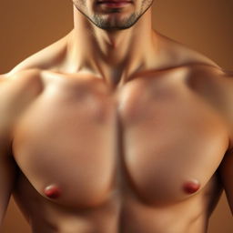 A close-up of a smooth, hairless male chest and underarms, showcasing flawless skin with a natural, healthy glow