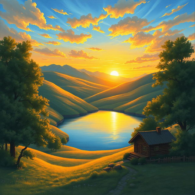 An artwork of a serene, picturesque landscape showcasing rolling hills, a vibrant sunset casting golden hues across the sky, and a tranquil lake reflecting the colorful sky