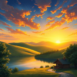 An artwork of a serene, picturesque landscape showcasing rolling hills, a vibrant sunset casting golden hues across the sky, and a tranquil lake reflecting the colorful sky