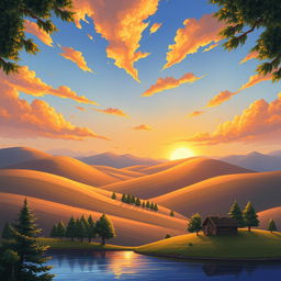 An artwork of a serene, picturesque landscape showcasing rolling hills, a vibrant sunset casting golden hues across the sky, and a tranquil lake reflecting the colorful sky