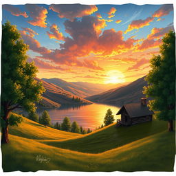 An artwork of a serene, picturesque landscape showcasing rolling hills, a vibrant sunset casting golden hues across the sky, and a tranquil lake reflecting the colorful sky