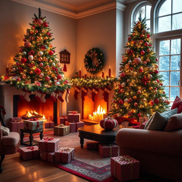 A cozy living room beautifully decorated for Christmas, featuring a grand Christmas tree adorned with colorful ornaments and twinkling lights, presents wrapped with festive paper scattered around, and stockings hanging from a mantle