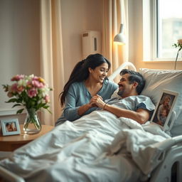 A heartwarming romantic scene set in a softly lit hospital room, featuring a couple connecting emotionally
