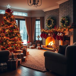 A cozy living room beautifully decorated for Christmas, featuring a grand Christmas tree adorned with colorful ornaments and twinkling lights, presents wrapped with festive paper scattered around, and stockings hanging from a mantle