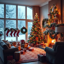 A cozy living room beautifully decorated for Christmas, featuring a grand Christmas tree adorned with colorful ornaments and twinkling lights, presents wrapped with festive paper scattered around, and stockings hanging from a mantle