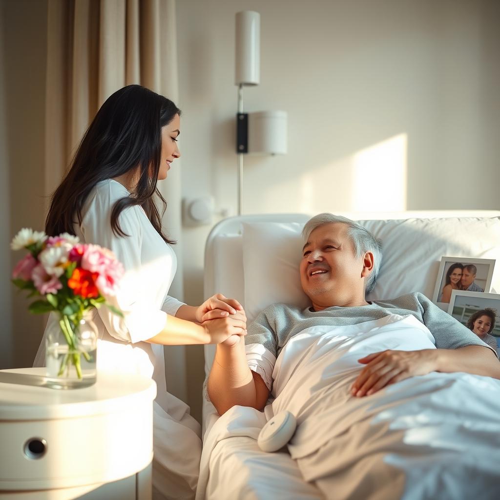 A heartwarming romantic scene set in a softly lit hospital room, featuring a couple connecting emotionally