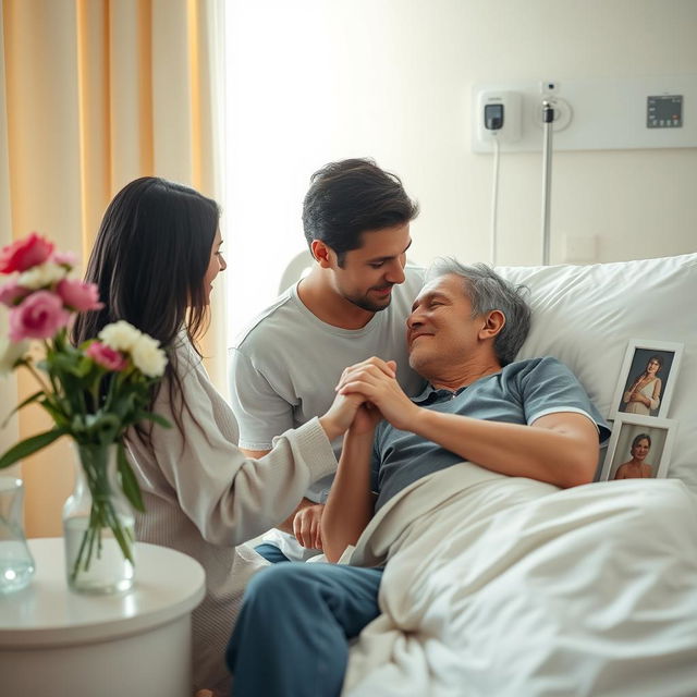 A heartwarming romantic scene set in a softly lit hospital room, featuring a couple connecting emotionally