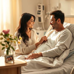 A heartwarming romantic scene set in a softly lit hospital room, featuring a couple connecting emotionally