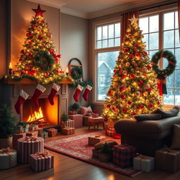 A cozy living room beautifully decorated for Christmas, featuring a grand Christmas tree adorned with colorful ornaments and twinkling lights, presents wrapped with festive paper scattered around, and stockings hanging from a mantle