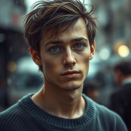 A beautiful, melancholic portrait of a young man, showcasing deep emotion in his eyes, with soft lighting that highlights his features
