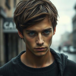 A beautiful, melancholic portrait of a young man, showcasing deep emotion in his eyes, with soft lighting that highlights his features