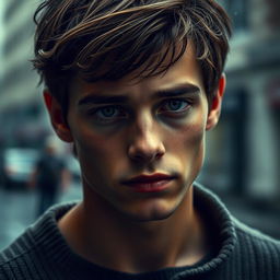 A beautiful, melancholic portrait of a young man, showcasing deep emotion in his eyes, with soft lighting that highlights his features