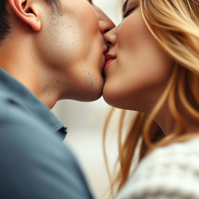 A romantic close-up of two adults passionately kissing lip to lip, capturing the intimate moment with soft lighting and an emphasis on their expressions