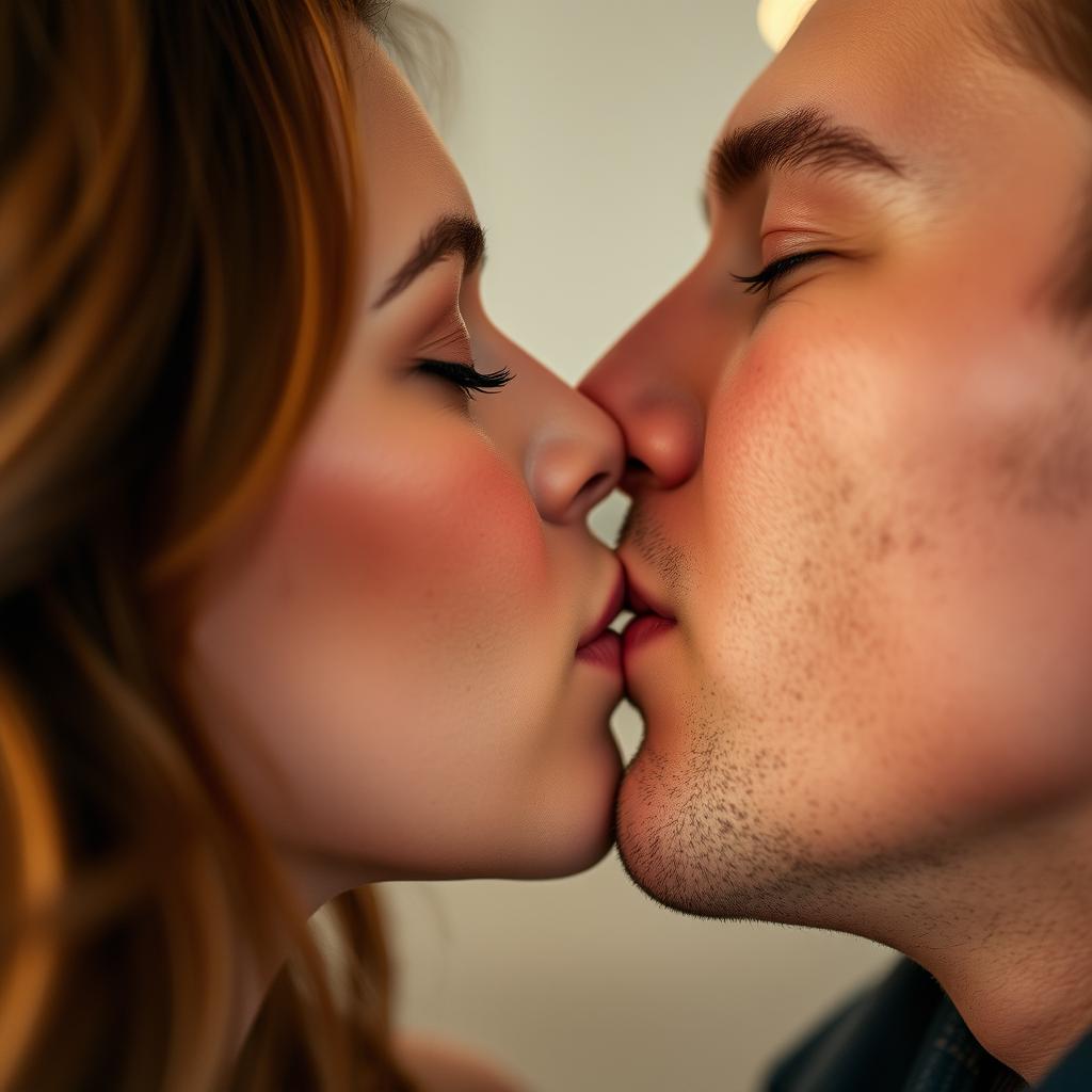 A romantic close-up of two adults passionately kissing lip to lip, capturing the intimate moment with soft lighting and an emphasis on their expressions