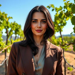 A portrait of a 38-year-old woman with dark hair and stunning Italian features, fully dressed in a chic, sophisticated outfit