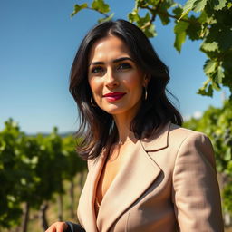 A portrait of a 38-year-old woman with dark hair and stunning Italian features, fully dressed in a chic, sophisticated outfit