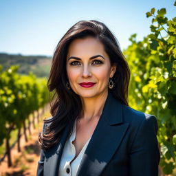 A portrait of a 38-year-old woman with dark hair and stunning Italian features, fully dressed in a chic, sophisticated outfit