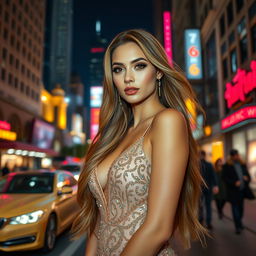A stunning hyper-realistic portrait of a beautiful woman with long flowing hair, wearing an elegant evening gown adorned with intricate sequins