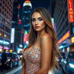 A stunning hyper-realistic portrait of a beautiful woman with long flowing hair, wearing an elegant evening gown adorned with intricate sequins