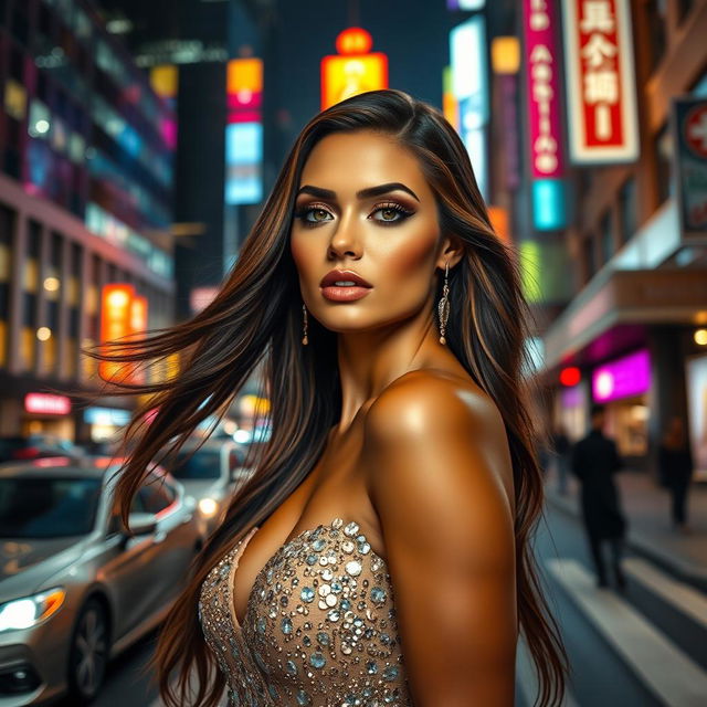 A stunning hyper-realistic portrait of a beautiful woman with long flowing hair, wearing an elegant evening gown adorned with intricate sequins