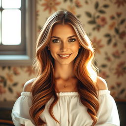 A stunning portrait of a confident woman standing in front of a vintage wall adorned with floral patterns