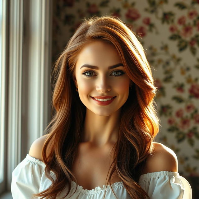 A stunning portrait of a confident woman standing in front of a vintage wall adorned with floral patterns