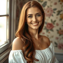 A stunning portrait of a confident woman standing in front of a vintage wall adorned with floral patterns