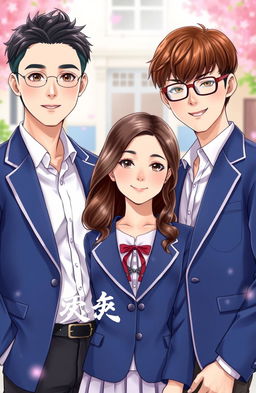 A romantic book cover featuring three main characters: a girl standing in the middle, flanked by two boys