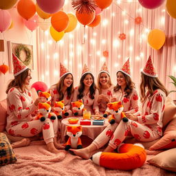 A vibrant and playful scene of a whimsical fox-themed pajama party featuring young adults in colorful pajamas with fox patterns