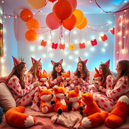 A vibrant and playful scene of a whimsical fox-themed pajama party featuring young adults in colorful pajamas with fox patterns