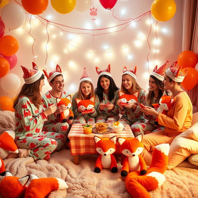 A vibrant and playful scene of a whimsical fox-themed pajama party featuring young adults in colorful pajamas with fox patterns