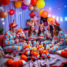 A vibrant and playful scene of a whimsical fox-themed pajama party featuring young adults in colorful pajamas with fox patterns