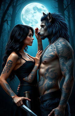 A romantic scene featuring a female werewolf with Black, wavy, shoulder-length hair and light brown eyes, holding a dagger in one hand