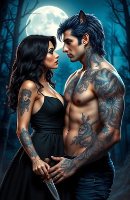 A romantic scene featuring a female werewolf with Black, wavy, shoulder-length hair and light brown eyes, holding a dagger in one hand