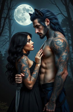 A romantic scene featuring a female werewolf with Black, wavy, shoulder-length hair and light brown eyes, holding a dagger in one hand