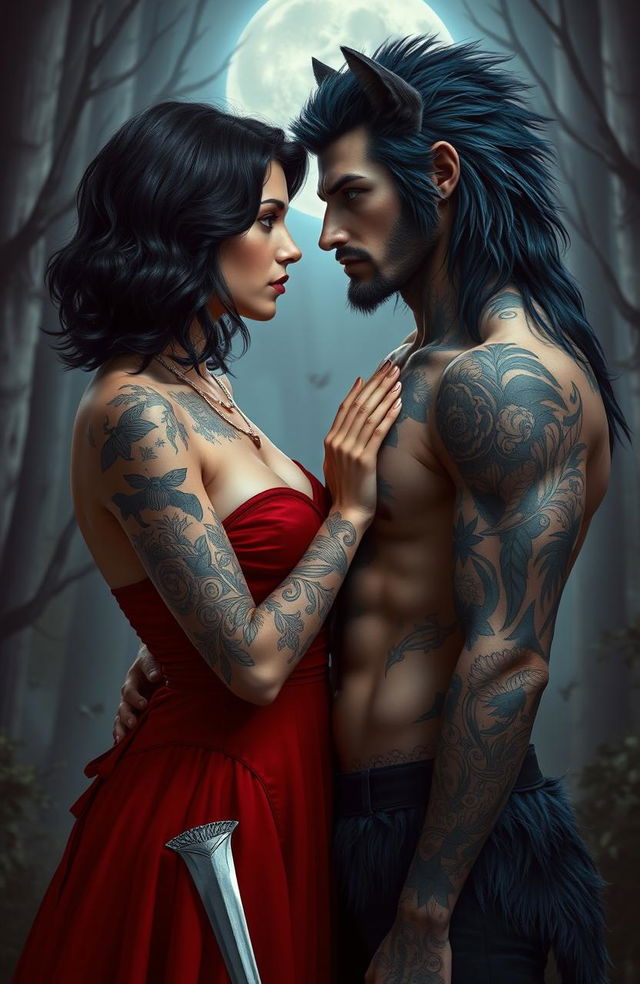 A romantic scene featuring a female werewolf with Black, wavy, shoulder-length hair and light brown eyes, holding a dagger in one hand