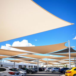 A modern parking area featuring stylish tensile membrane shades providing protection against sun and weather