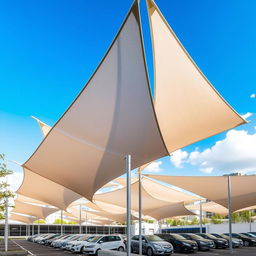 A modern parking area featuring stylish tensile membrane shades providing protection against sun and weather