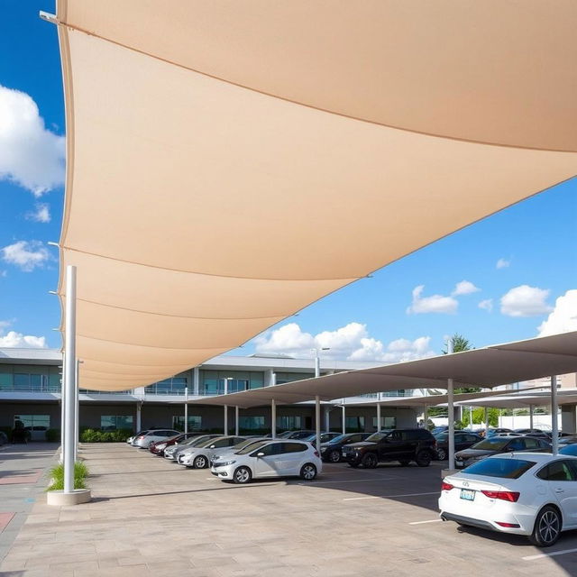 A modern parking area featuring stylish tensile membrane shades providing protection against sun and weather