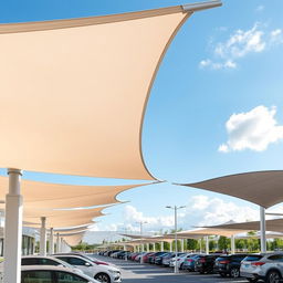 A modern parking area featuring stylish tensile membrane shades providing protection against sun and weather
