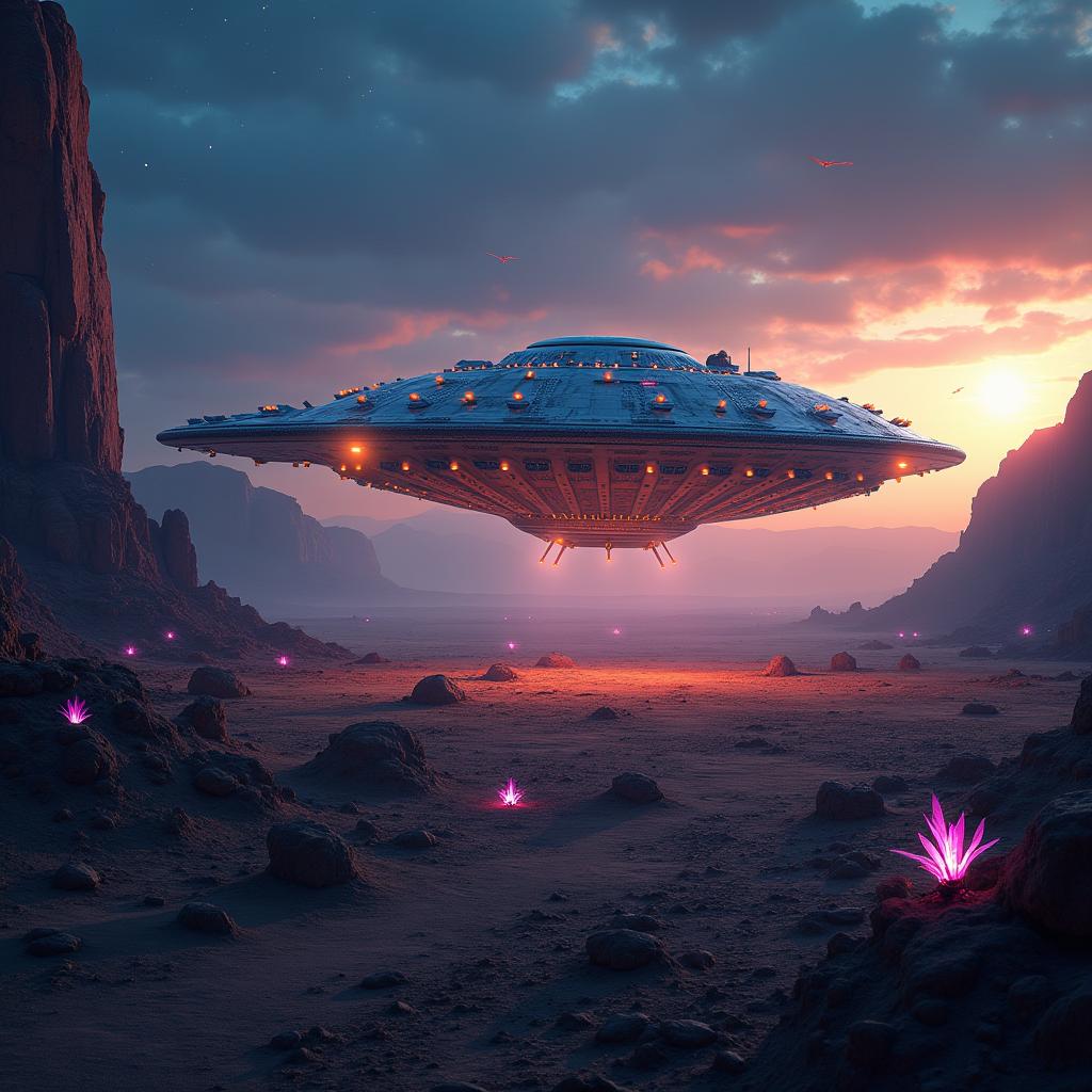 A breathtaking movie poster depicting an alien spaceship landing on a deserted landscape at dusk